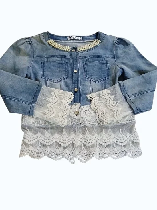 WTY Blue Jean Jacket with Faux Pearls and Lace/Crochet Cuffs & Hem - EUC - Picture 9 of 12